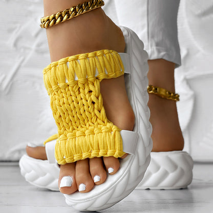 Platform Sandals Summer Braided Knit Hollow Open Toe Slipper Sandals - Anklet Not Included