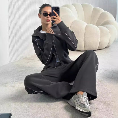 Long Sleeve Zipper Sweater Coat Striped Trousers With An Elasticated Waist Casual Suit