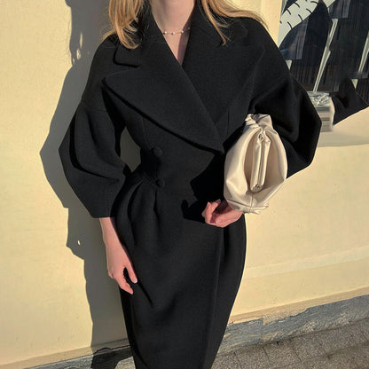 Women's Classic Winter Long Coat, Double-Breasted Belted Trench With Wide Lapel, Solid Color Oversized Overcoat For Casual Style