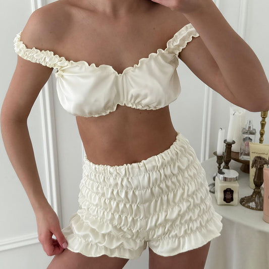 Sexy Artificial Silk Vest Shorts Pleated Homewear Suit