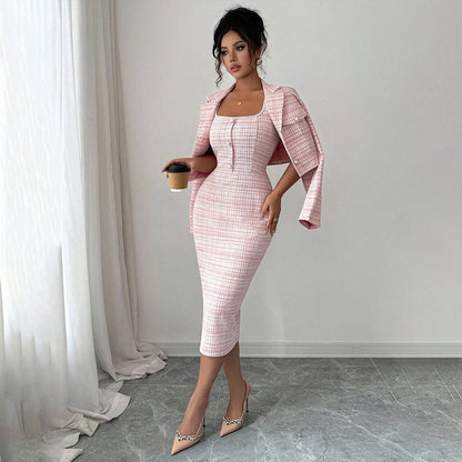 Women's Clothing Skirts Suit Lapel Long Sleeve Short Plaid Jacket