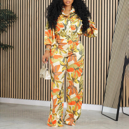 Printed Long Sleeve Shirt Wide Leg Pants Suit