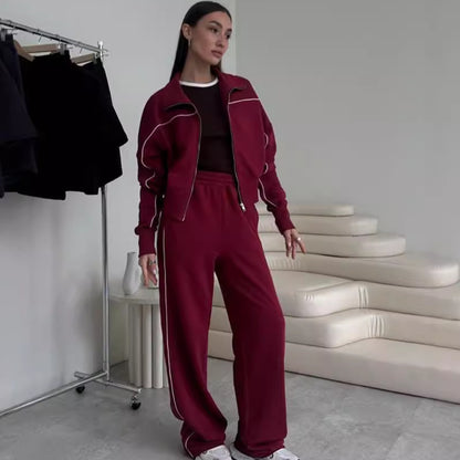 Long Sleeve Zipper Sweater Coat Striped Trousers With An Elasticated Waist Casual Suit