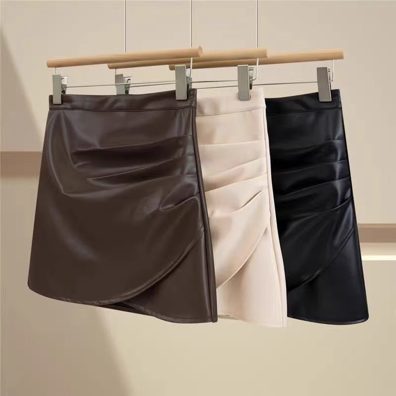 Black Small Leather Skirt Women's Springautumnwinter High Waist Ruffle Hip Short Skirt