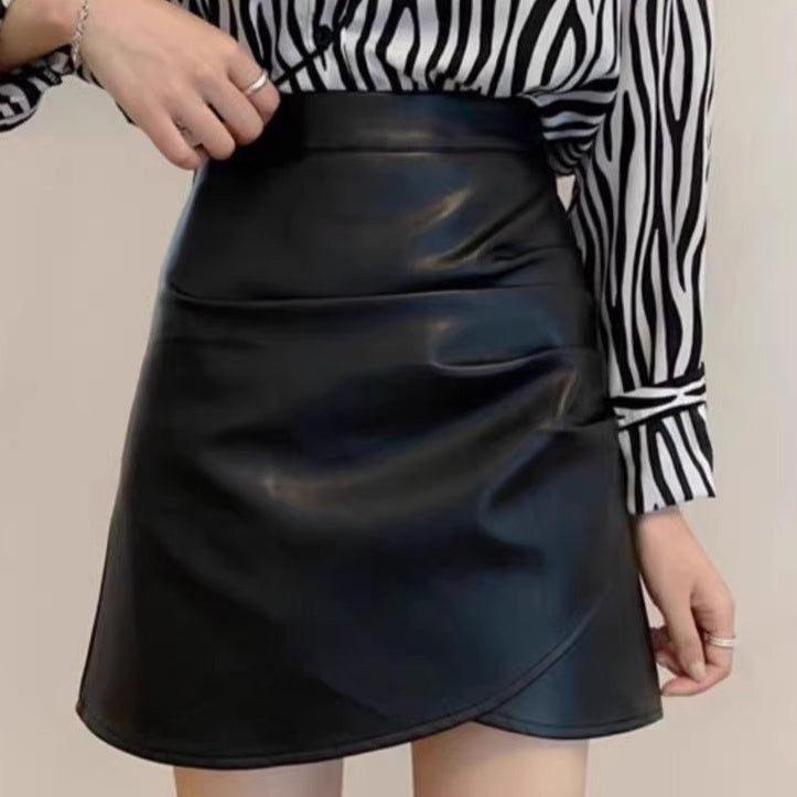 Black Small Leather Skirt Women's Springautumnwinter High Waist Ruffle Hip Short Skirt