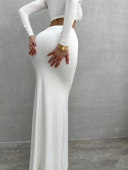 Long-sleeved Crop Top & Shirred Maxi Skirt Two-piece Set