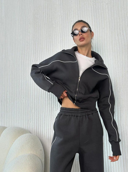Long Sleeve Zipper Sweater Coat Striped Trousers With An Elasticated Waist Casual Suit