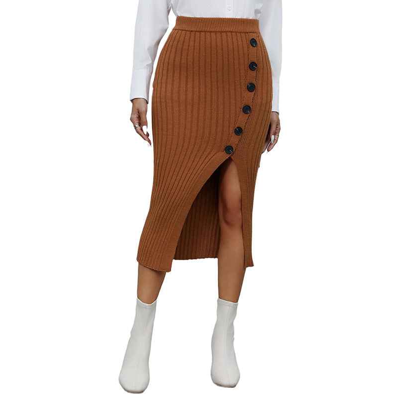 Casual Elegant Button Knitted Slit Commuter Skirt